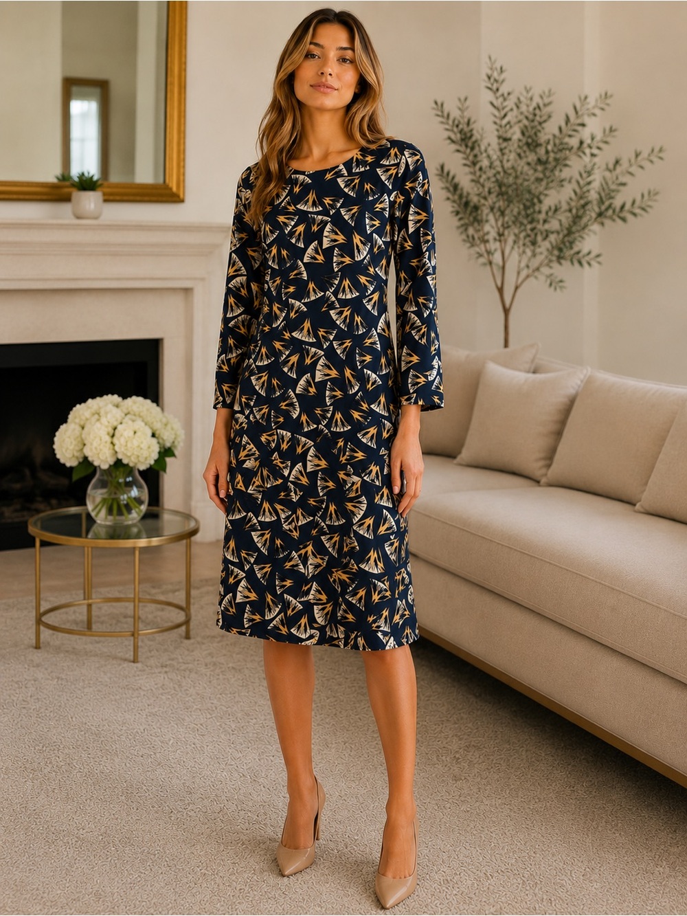 Miss Finch Navy Abstract Print Midi Dress Size Medium